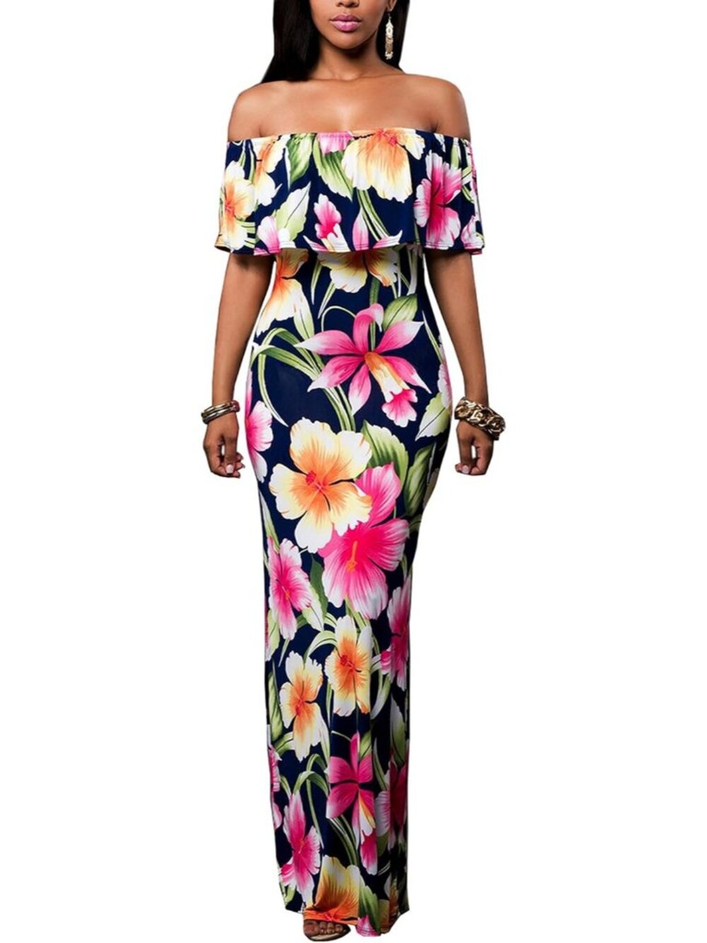 Women's Navy Ruffle Plain Floral Printed Off Shoulder Bodycon Long Maxi Dresses